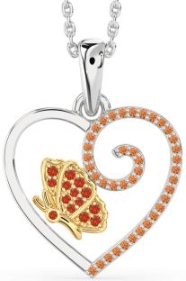 Fire Opal & Citrine White Yellow Gold Heart Butterfly Necklace
