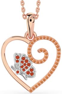 Fire Opal & Citrine Platinum & Rose Gold Heart Butterfly Necklace