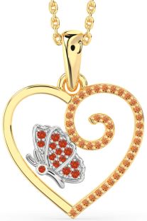 Fire Opal & Citrine White Yellow Gold Heart Butterfly Necklace
