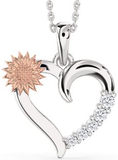 Diamond Platinum & Rose Gold Heart Sunflower Necklace