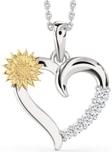 Diamond Silver & 10K gold Heart Sunflower Necklace