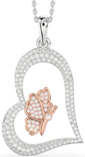 Large Diamond Platinum & Rose Gold Heart Butterfly Necklace
