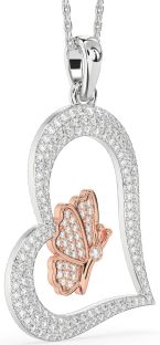 Large Diamond Silver & 10K Rose Gold Heart Butterfly Necklace
