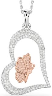 Large Diamond & Morganite Silver & 10K Rose Gold Heart Butterfly Necklace