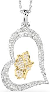Large Diamond Silver & 10K gold Heart Butterfly Necklace