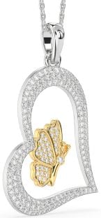 Large Diamond Silver & 10K gold Heart Butterfly Necklace