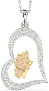 Large Diamond & Morganite White Yellow Gold Heart Butterfly Necklace