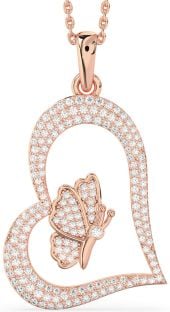 Large Diamond Rose Gold Heart Butterfly Necklace