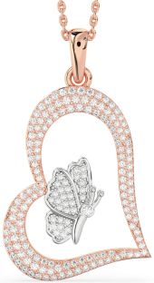 Large Diamond Platinum & Rose Gold Heart Butterfly Necklace