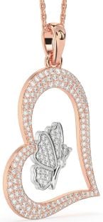 Large Diamond White Rose Gold Heart Butterfly Necklace