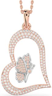 Large Diamond & Morganite White Rose Gold Heart Butterfly Necklace