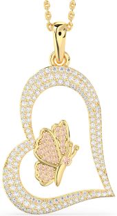 Large Diamond & Morganite Gold Heart Butterfly Necklace