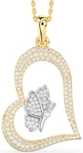 Large Diamond White Yellow Gold Heart Butterfly Necklace