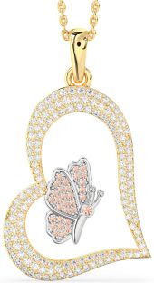 Large Diamond & Morganite White Yellow Gold Heart Butterfly Necklace