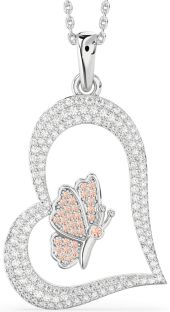 Large Diamond & Morganite Platinum Heart Butterfly Necklace