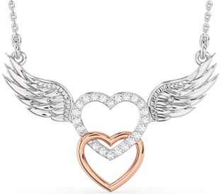 Large Diamond Platinum & Rose Gold Heart Wings Necklace