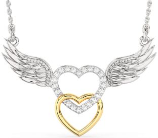 Large Diamond White Yellow Gold Heart Wings Necklace