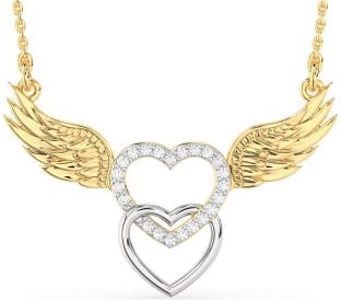 Large Diamond White Yellow Gold Heart Wings Necklace