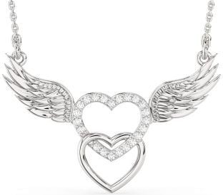 Large Diamond Silver Heart Wings Necklace