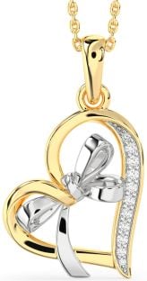 Diamond White Yellow Gold Heart Bow Necklace