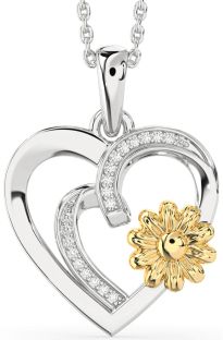 Diamond Silver & 10K gold Heart Flower Necklace