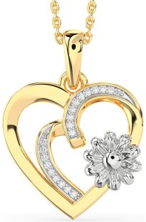 Diamond White Yellow Gold Heart Flower Necklace