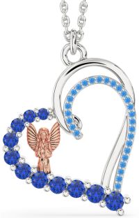 Blue Sapphire & Swiss Blue Topaz Platinum & Rose Gold Heart Angel Necklace
