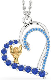 Blue Sapphire & Swiss Blue Topaz Platinum & Yellow Gold Heart Angel Necklace