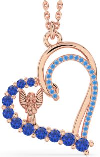 Blue Sapphire & Swiss Blue Topaz Rose Gold Heart Angel Necklace
