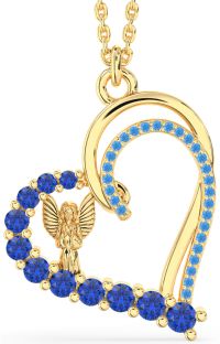 Blue Sapphire & Swiss Blue Topaz Gold Heart Angel Necklace