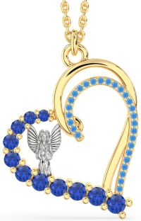 Blue Sapphire & Swiss Blue Topaz Platinum & Yellow Gold Heart Angel Necklace