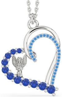 Blue Sapphire & Swiss Blue Topaz Platinum Heart Angel Necklace