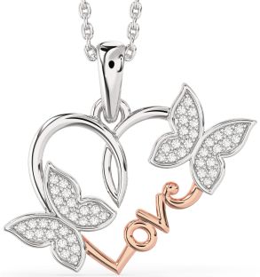 Large Diamond Silver & 10K Rose Gold Heart Butterfly Necklace