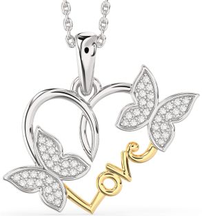 Large Diamond Silver & 10K gold Heart Butterfly Necklace