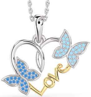 Large Swiss Blue Topaz & Aquamarine White Yellow Gold Heart Butterfly Necklace