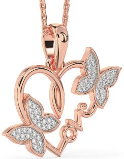 Large Diamond Rose Gold Heart Butterfly Necklace