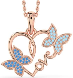 Large Swiss Blue Topaz & Aquamarine Rose Gold Heart Butterfly Necklace