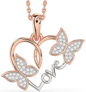 Large Diamond Platinum & Rose Gold Heart Butterfly Necklace