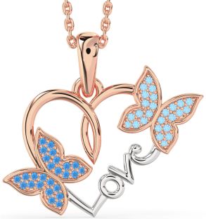 Large Swiss Blue Topaz & Aquamarine Rose Gold Silver Heart Butterfly Necklace
