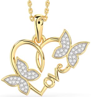 Large Diamond Gold Heart Butterfly Necklace