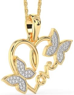 Large Diamond Gold Heart Butterfly Necklace