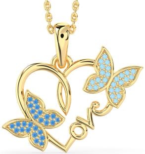 Large Swiss Blue Topaz & Aquamarine Gold Heart Butterfly Necklace