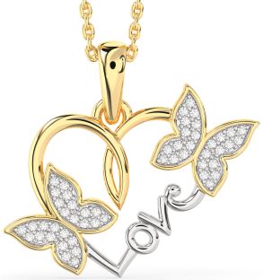 Large Diamond White Yellow Gold Heart Butterfly Necklace