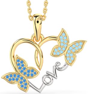 Large Swiss Blue Topaz & Aquamarine White Yellow Gold Heart Butterfly Necklace
