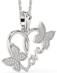 Large Diamond White Gold Heart Butterfly Necklace