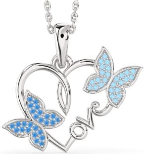 Large Swiss Blue Topaz & Aquamarine Platinum Heart Butterfly Necklace