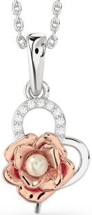 Diamond White Rose Gold Pearl Heart Flower Necklace