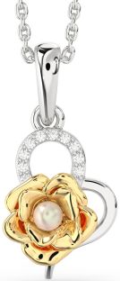 Diamond Silver & 10K gold Pearl Heart Flower Necklace