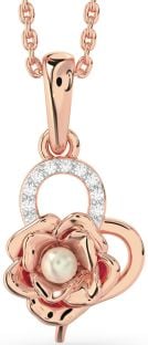 Diamond Rose Gold Pearl Heart Flower Necklace
