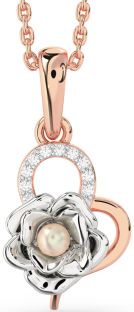 Diamond White Rose Gold Pearl Heart Flower Necklace